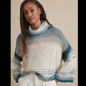 Anthropologie Cream, Teal & Coral Striped Cowl Neck Sweater